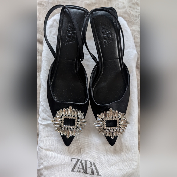 Zara Shoes - Zara Black Slingback Kitten Heels with Crystal Embellishments